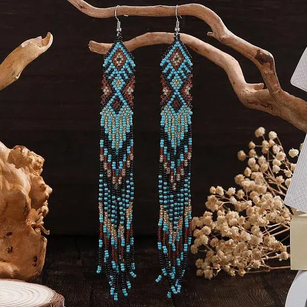 Bohemian Handmade Glass Seed Beads Rhombus Long Tassel Dangle Earrings