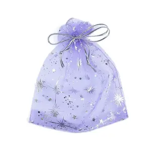 Silver Stamping Star Organza Printed Gift Drawstring Bags