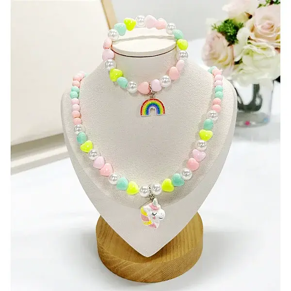 Plastic Beaded Pendant Necklace & Beaded Charm Bracelet