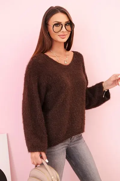 Kesi Włoski Dámský svetr z mohéru volného střihu s výstřihem do V hnědý