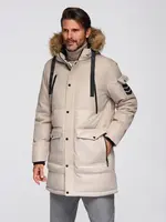 Ombre Men's long warm parka jacket with hood - beige