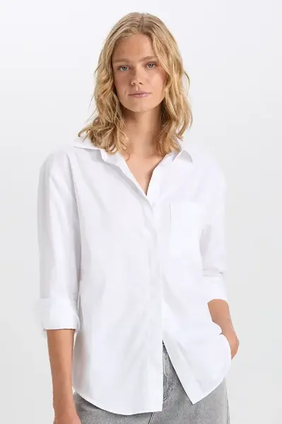 DEFACTO Oversize Wide Fit Pocket Basic Plain Poplin Long Sleeve White Shirt