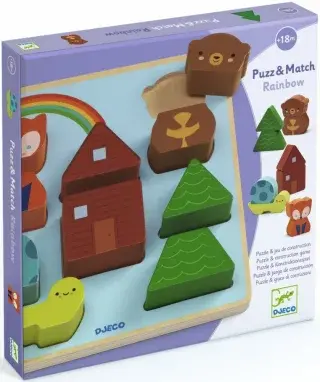 Dřevěná vkládačka & stavebnice 2v1 - Zvířátka pod duhou