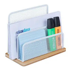 Relaxdays DRŽÁK NA DOPISY Bílá Přírodní kov bambus 3 přihrádky