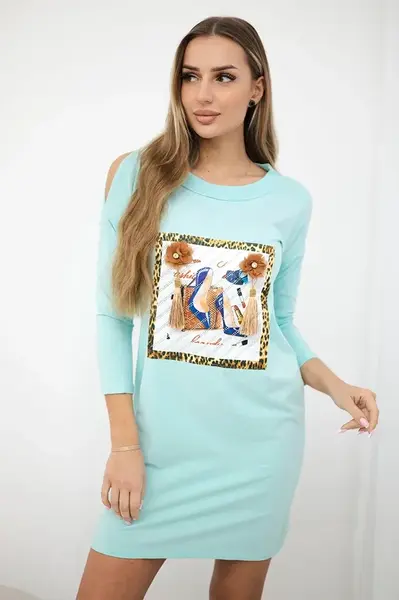 Šaty s 3D grafikou a ozdobnou pom pom mint