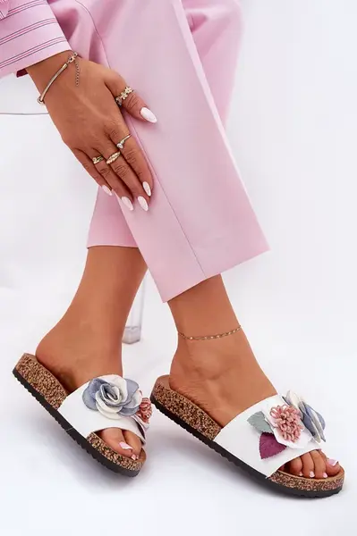 Boto Dámské Pantofle S Květinami Na Korek Plošině Bílé Zinrosa