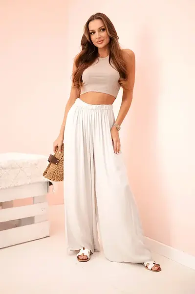 Kesi Włoski Široké dámské kalhoty s elastickým pasem béžový