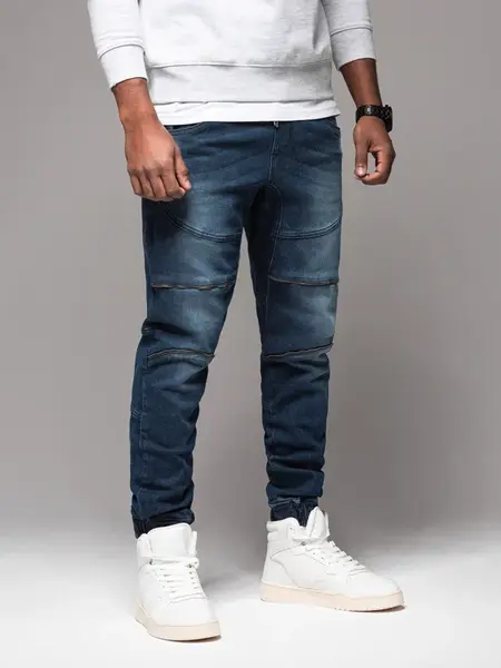 Ombre Men's denim jogger pants with rips and zippers - dark blue