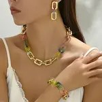 Alloy & Acrylic Rectangle Link Chain Necklace & Bracelet & Stud Dangle Earring Sets