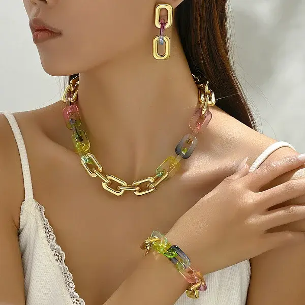 Alloy & Acrylic Rectangle Link Chain Necklace & Bracelet & Stud Dangle Earring Sets