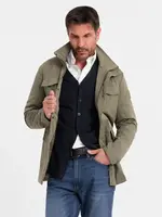 Ombre Men's lightweight jacket with pockets and high collar - khaki