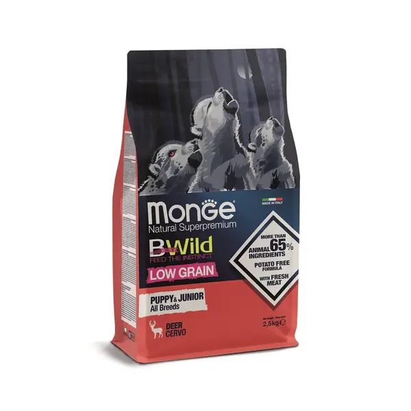 Monge BWild All Breed Low Grain Puppy & Junior suché krmivo pro psy - jelen 2,5 kg
