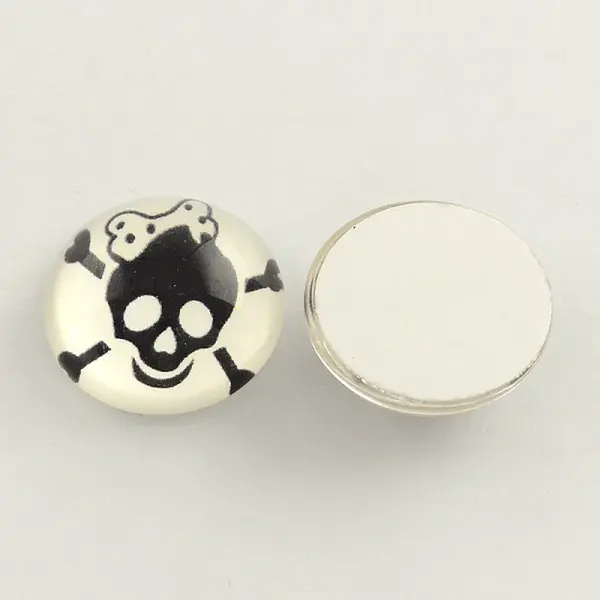 Skull and Crossbones Pattern Printed Glass Half Round Cabochons