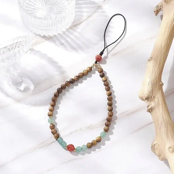 Natural & Green Aventurine & Carnelian & Wood Round Beaded Phone Hand Strap Chains