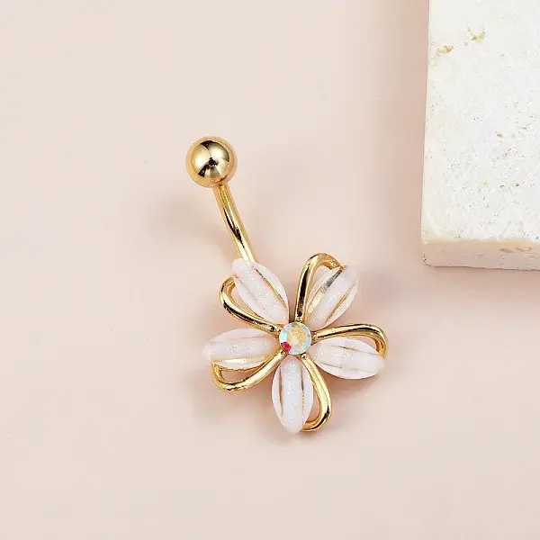 Flower Brass Cubic Zirconia Curved Barbell Belly Rings