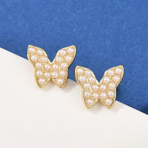 Brass ABS Plastic Pearl Butterfly Stud Earrings