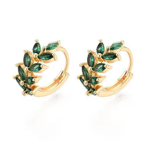 Brass Micro Pave Cubic Zirconia Leaf Hoop Earrings