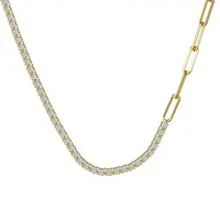 925 Sterling Silver Pave Clear Cubic Zirconia Paperclip Chain Necklaces for Women