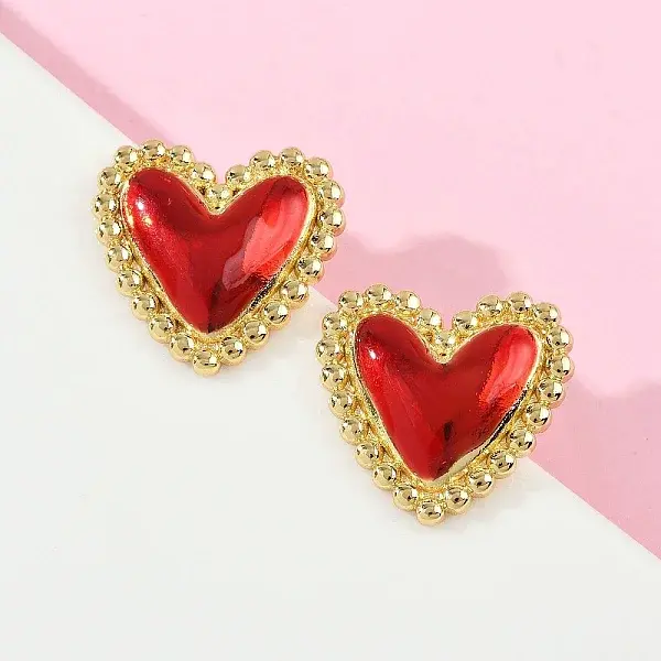 Brass Enamel Heart Stud Earrings