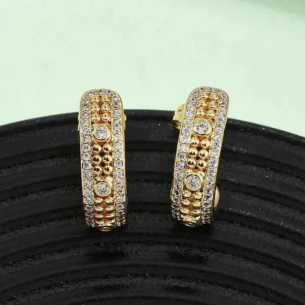 Brass Micro Pave Clear Cubic Zirconia J-Shaped Stud Earrings