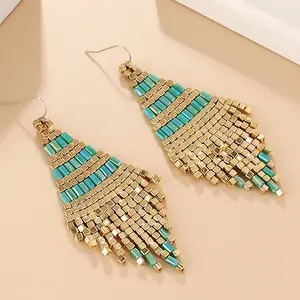 Boho Seed Bead Rhombus Tassel Earrings