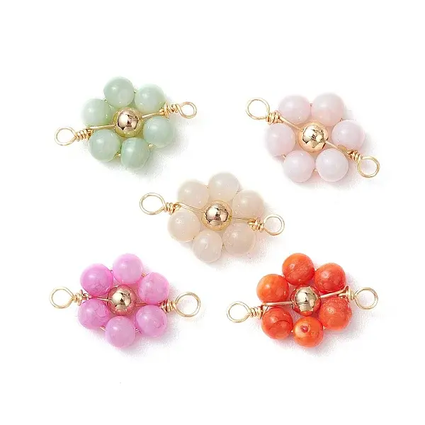 Dyed Natural Shell & Brass Round Beaded Flower Connector Charms