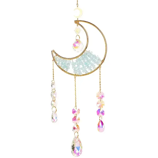 1Pc Alloy & Natural Gemstone Chips Moon Hanging Ornaments