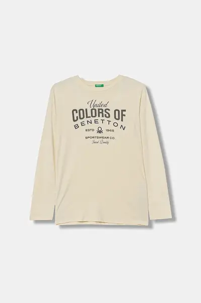 Dětské bavlněné tričko s dlouhým rukávem United Colors of Benetton béžová barva, s potiskem, 3ATNC10QU