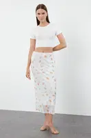Trendyol Ecru Waist Detailed Printed Flexible Tulle Maxi Knitted Skirt