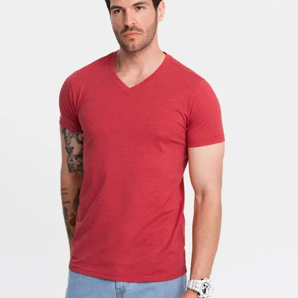 Ombre BASIC men's classic cotton tee-shirt with a crew neckline - red melange