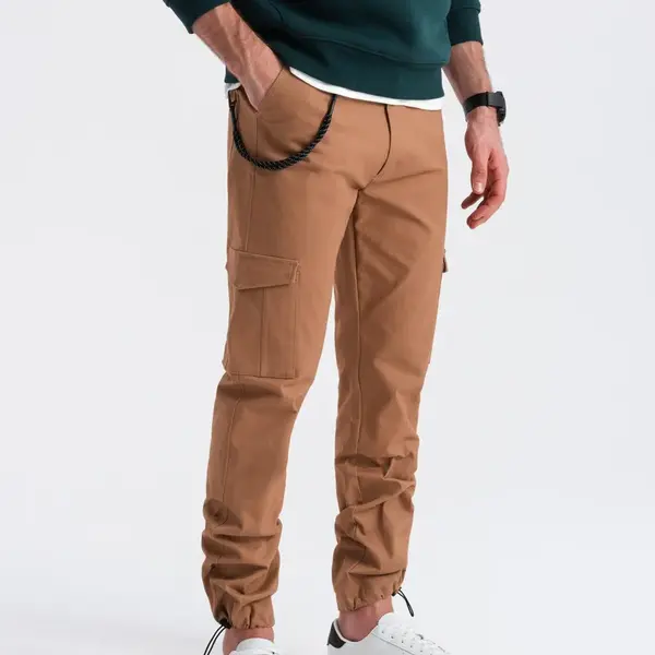 Ombre Men's pants with cargo pockets and leg hem - light brown