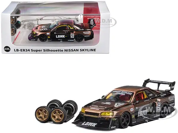 Nissan Skyline LB-ER34 "Super Silhouette" RHD (Right Hand Drive) 5 Brushed Bronze and Black with Extra Wheels 1/64 Diecast Model Car by CM Model