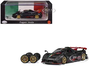 Pagani Imola Black Carbon with Italian Flag Stripes with Extra Wheels 1/64 Diecast Model Car by CM Model