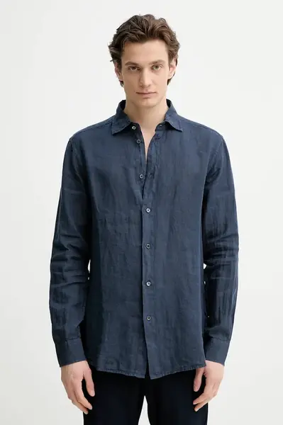 Ľanová košeľa BARENA VENEZIA Camicia Mola pánska, tmavomodrá farba, regular, s klasickým golierom, CAU5077.3007