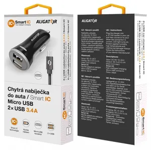Nabíječka do auta ALIGATOR MicroUSB 2xUSB výst. 3.4A, smart IC, Black