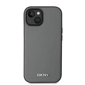 Zadní kryt DKNY PU Leather Silver Metal Logo Magsafe pro Apple iPhone 13, šedá