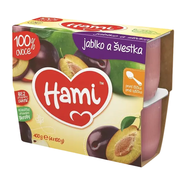 HAMI ovocný příkrm 100% ovoce jablko a švestka 4 x 100 g
