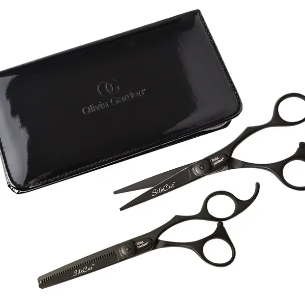 Sada kadeřnických nůžek 5,75" a efilačních nůžek 6,35" Olivia Garden SilkCut Pro Matt Black (575/635Matt) + dárek zdarma