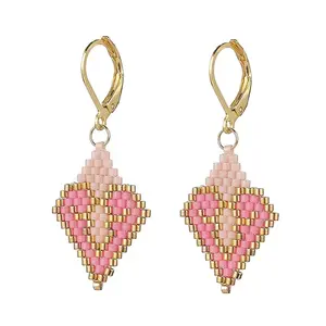 Glass Seed Braided Rhombus with Heart Dangle Leverback Earrings
