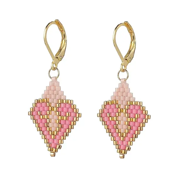 Glass Seed Braided Rhombus with Heart Dangle Leverback Earrings