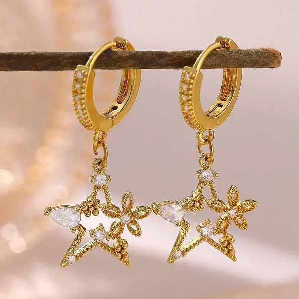 Brass Micro Pave Cubic Zirconia Dangle Hoop Earrings for Women
