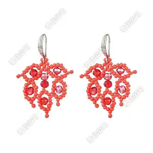 Handmade Glass Seed Beads Leaf Dangle Earrings