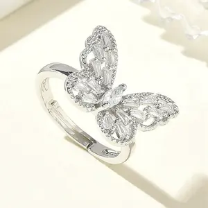 Adjustable Brass Butterfly Finger Rings with Clear Cubic Zirconia