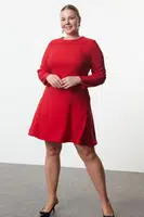 Trendyol Curve Red Basic Long Sleeve Hidden Zipper Mini Woven Plus Size Dress