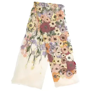 Ethnic Style Embroidered Flowers Polyester Tulle Lace Fabric