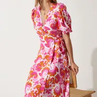 Happiness İstanbul Women's Pink Orange Patterned Summer Wrap Viscose Dress