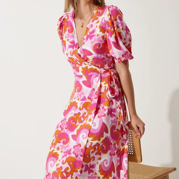 Happiness İstanbul Women's Pink Orange Patterned Summer Wrap Viscose Dress
