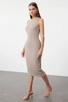 Trendyol Mink Halter Neck Fitted Ribbed Flexible Midi Knitted Dress