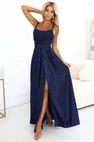 589-2 Long dress with subtle shimmer and corset back tie - navy blue with glitter
