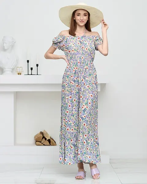Resti Long summer green dress for women with purple flowers - Clothing